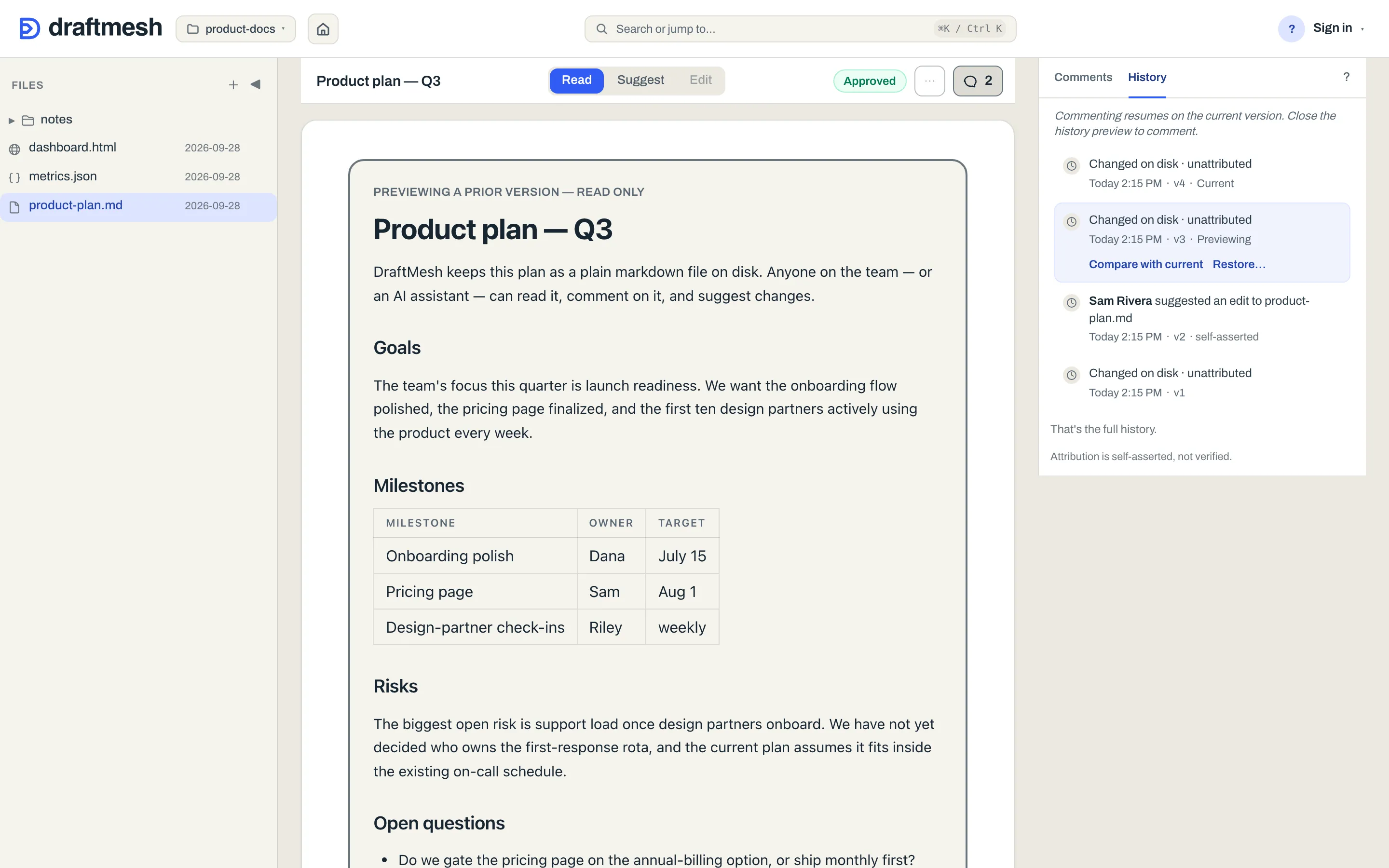 The DraftMesh version history panel listing saved versions of a document, each with its author and the time it was saved, with a prior version open in a read-only preview beside Compare with current and Restore.