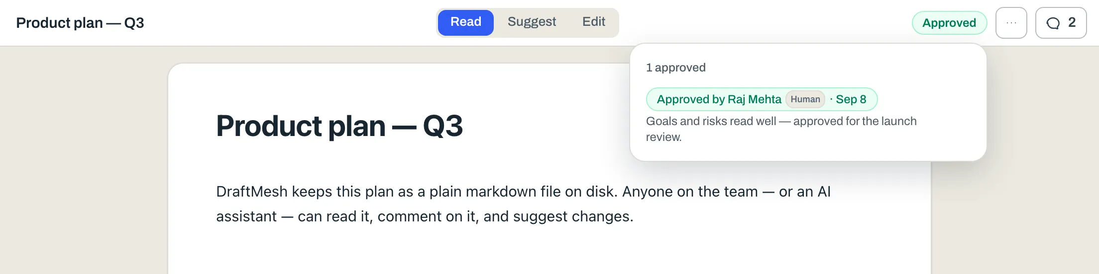 After approving, the header shows a state chip that opens the record of who approved