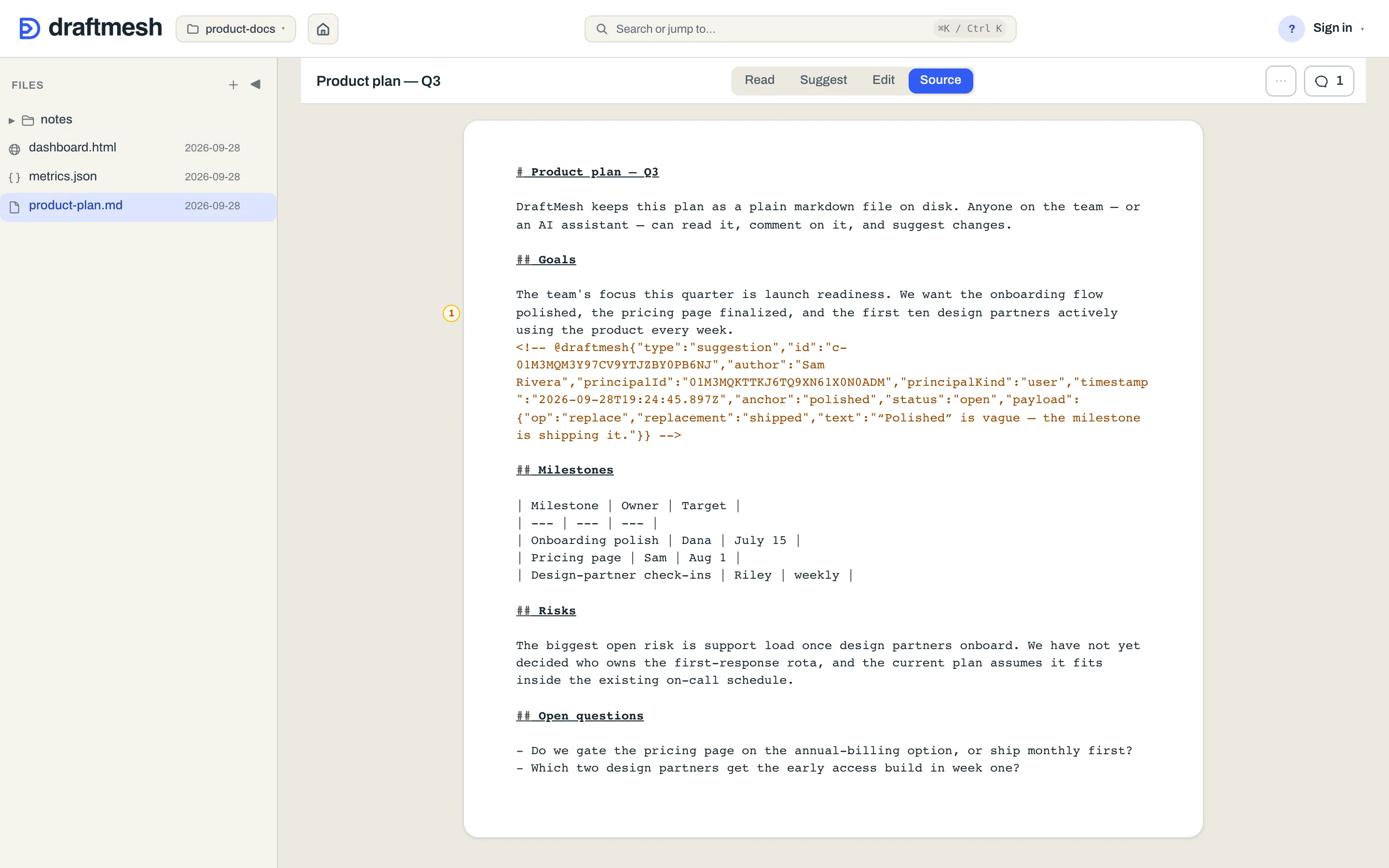 The markdown source showing the raw markdown with DraftMesh annotation markers