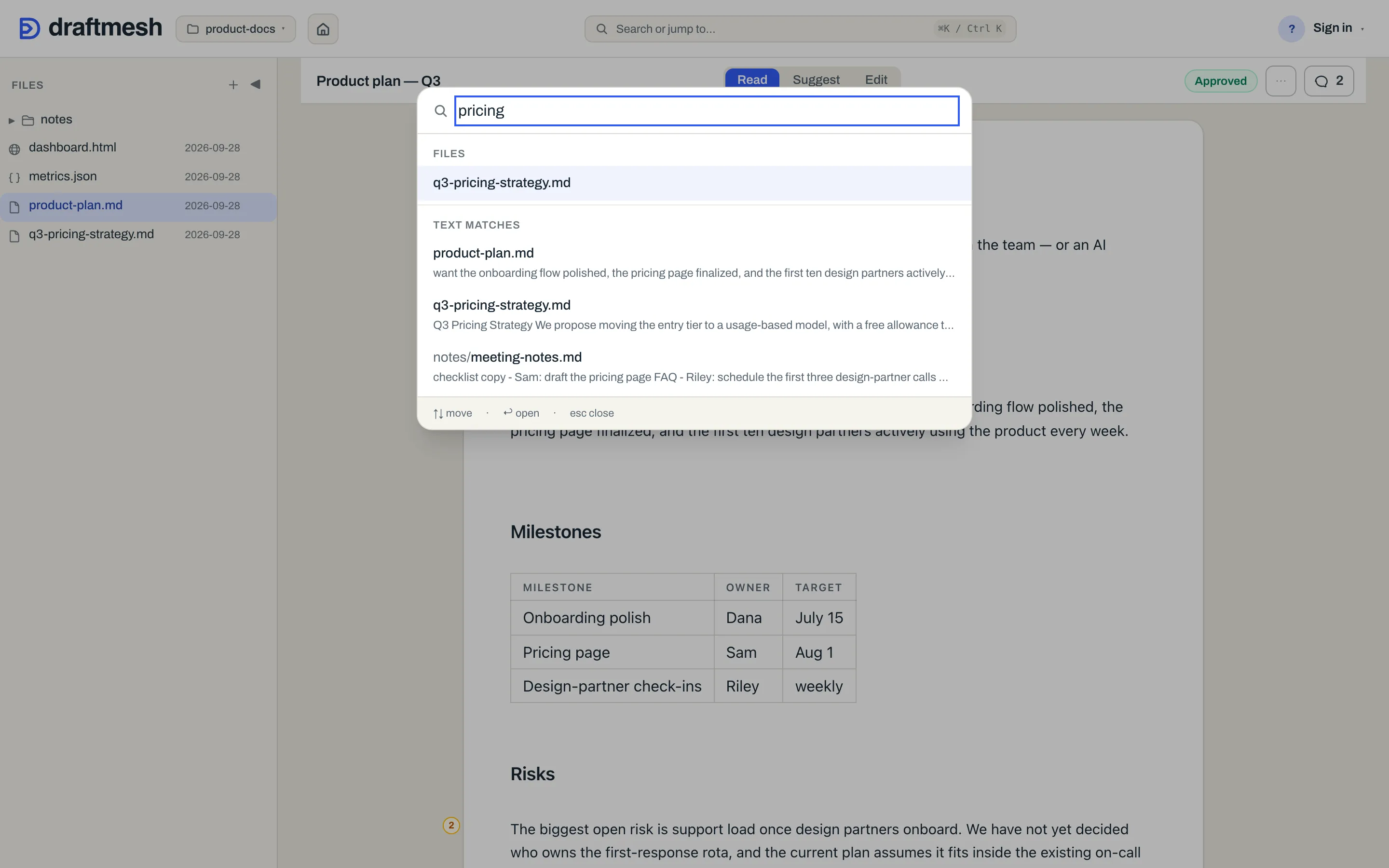The search palette showing file-name and full-text matches