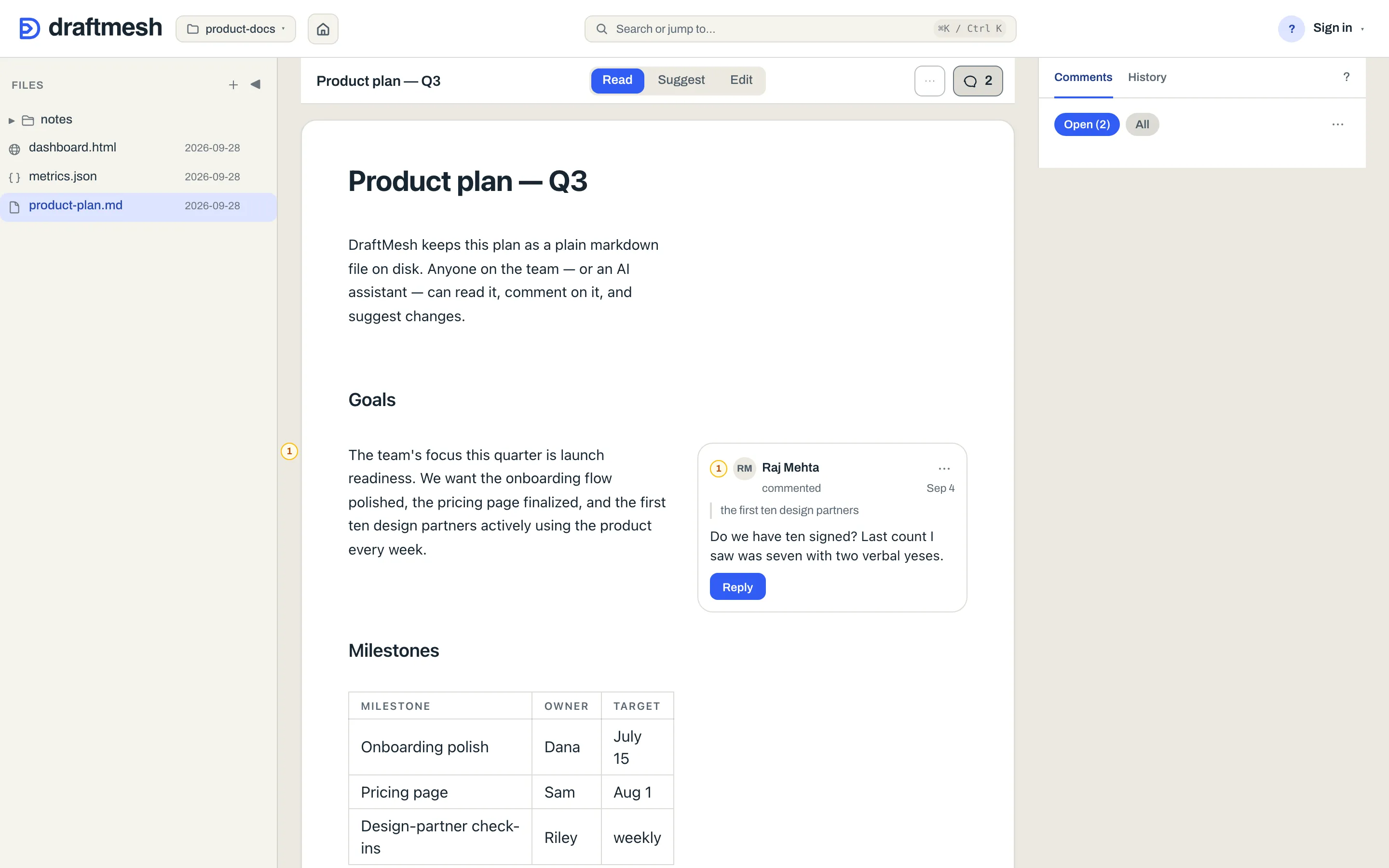 In-place comments render beside the text they anchor to