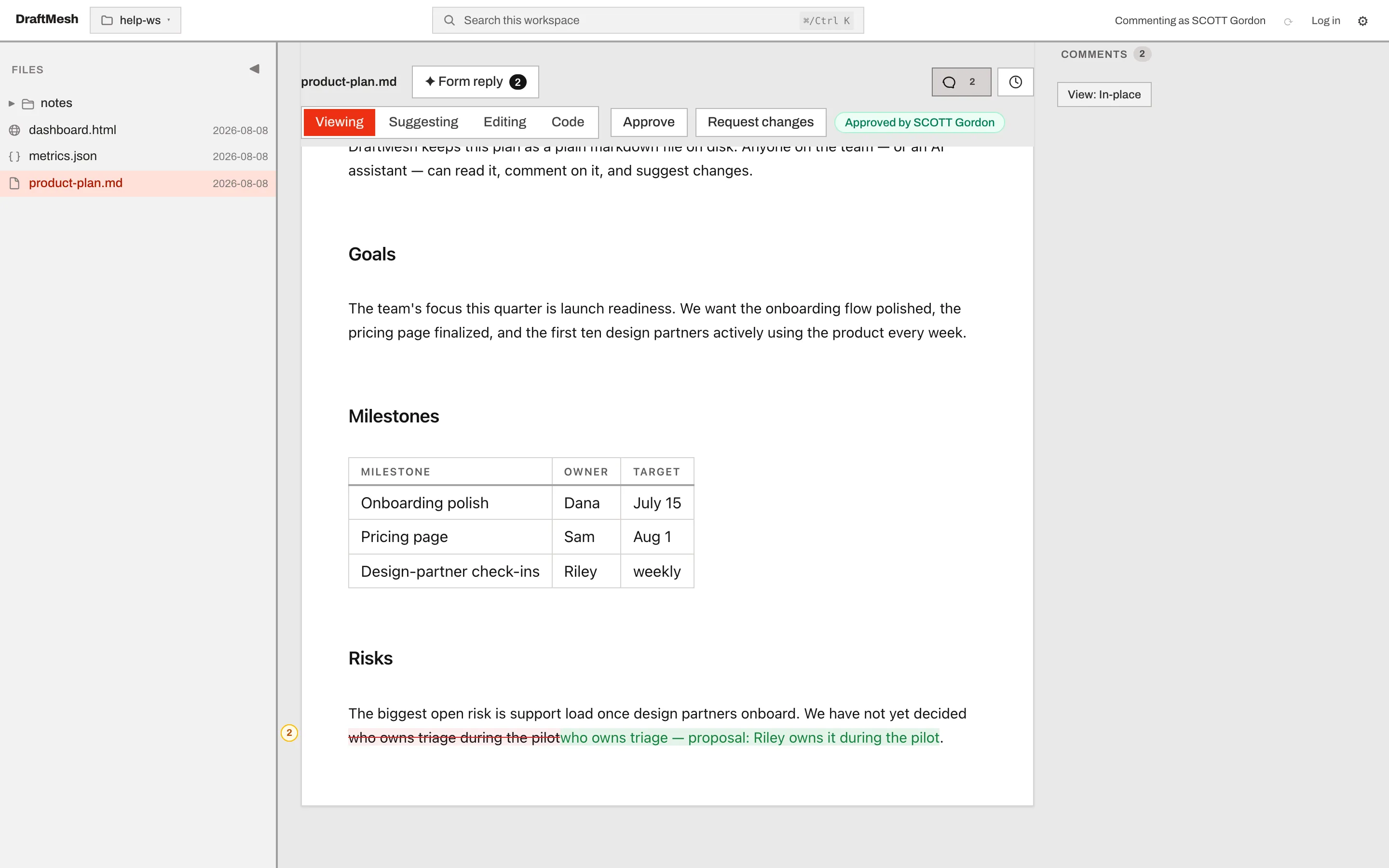 In-place comments render beside the text they anchor to