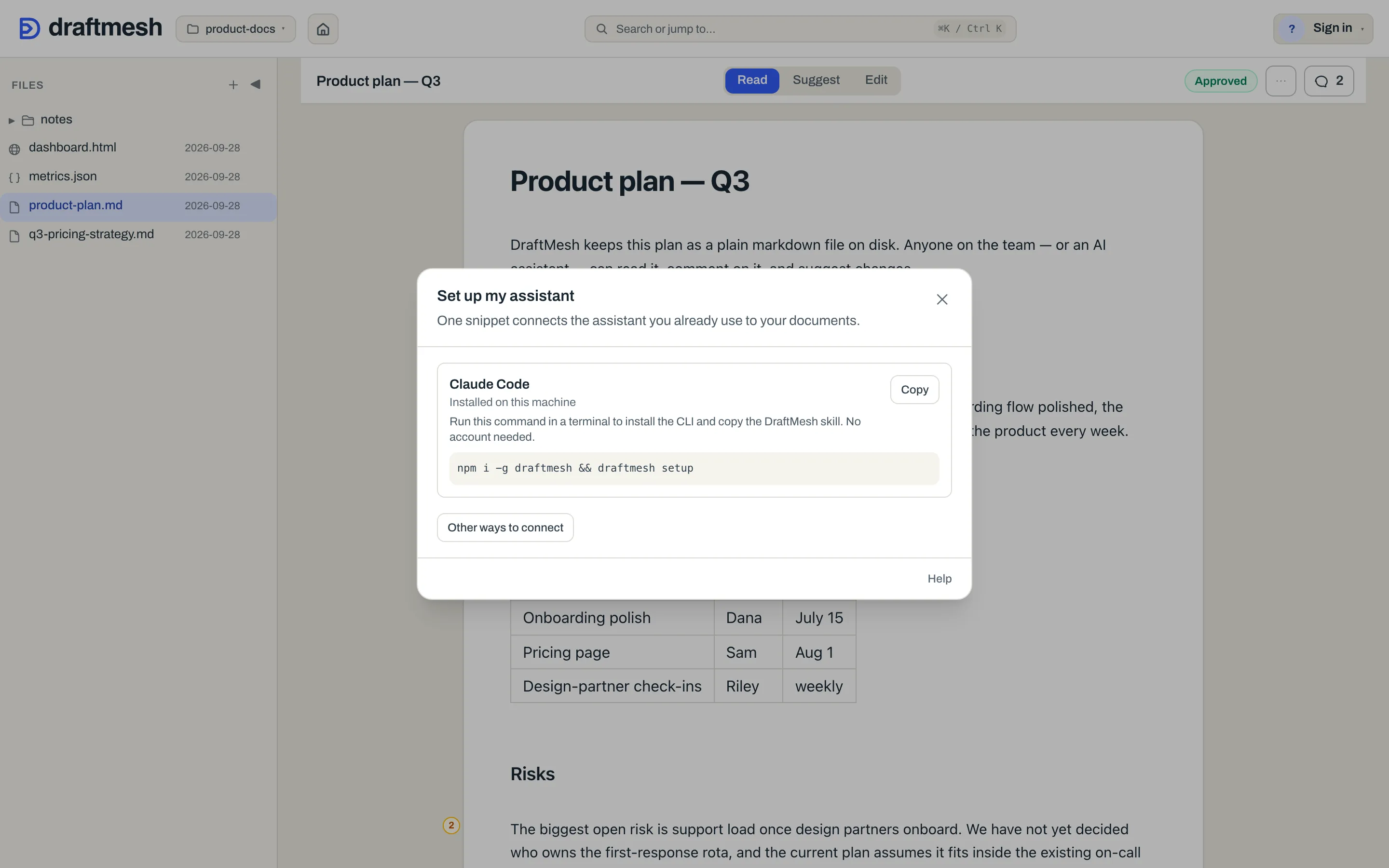 The Set up my assistant panel: the recommended CLI setup snippet with Copy, and Other ways to connect