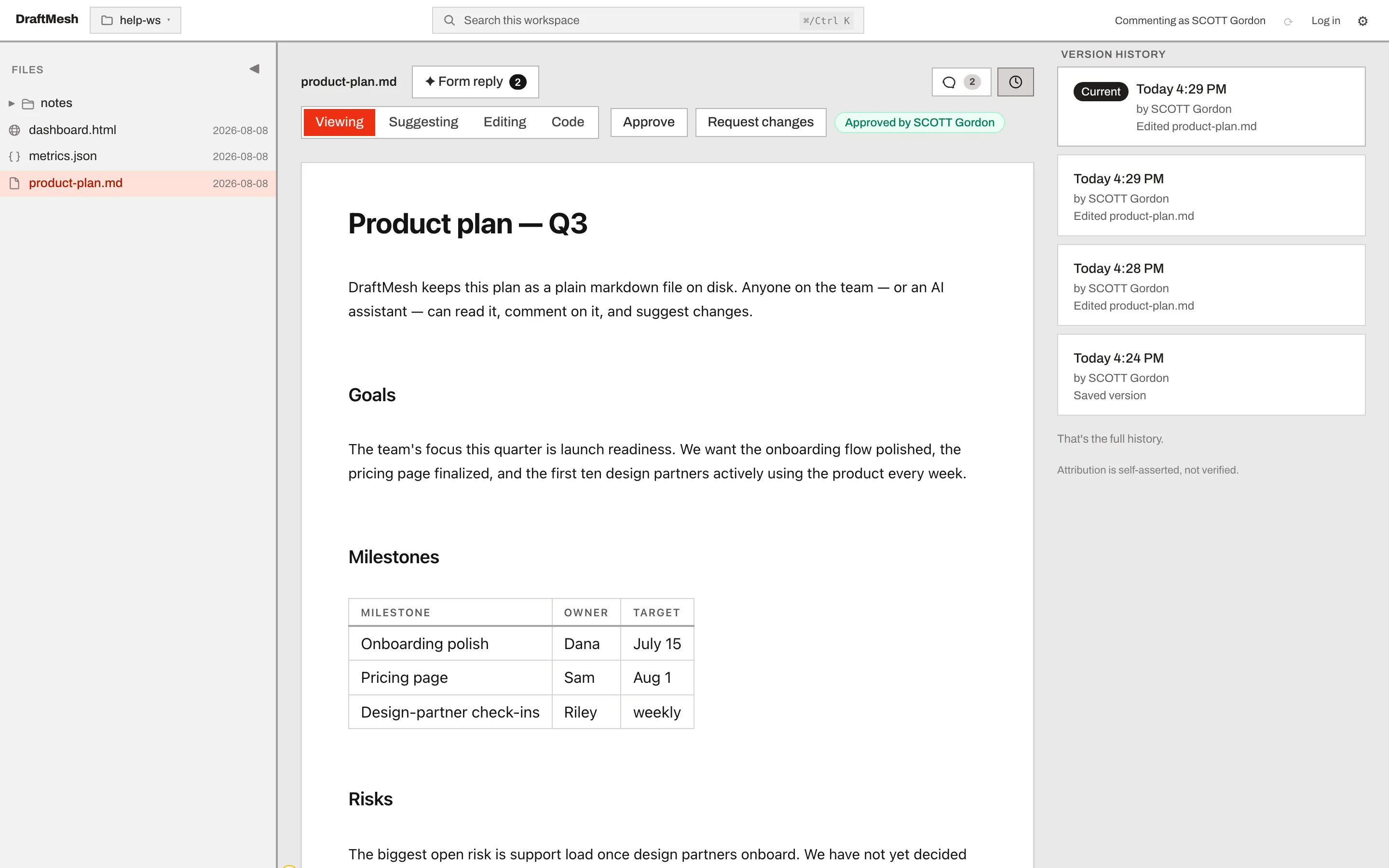 The version history panel listing saved versions with author and time