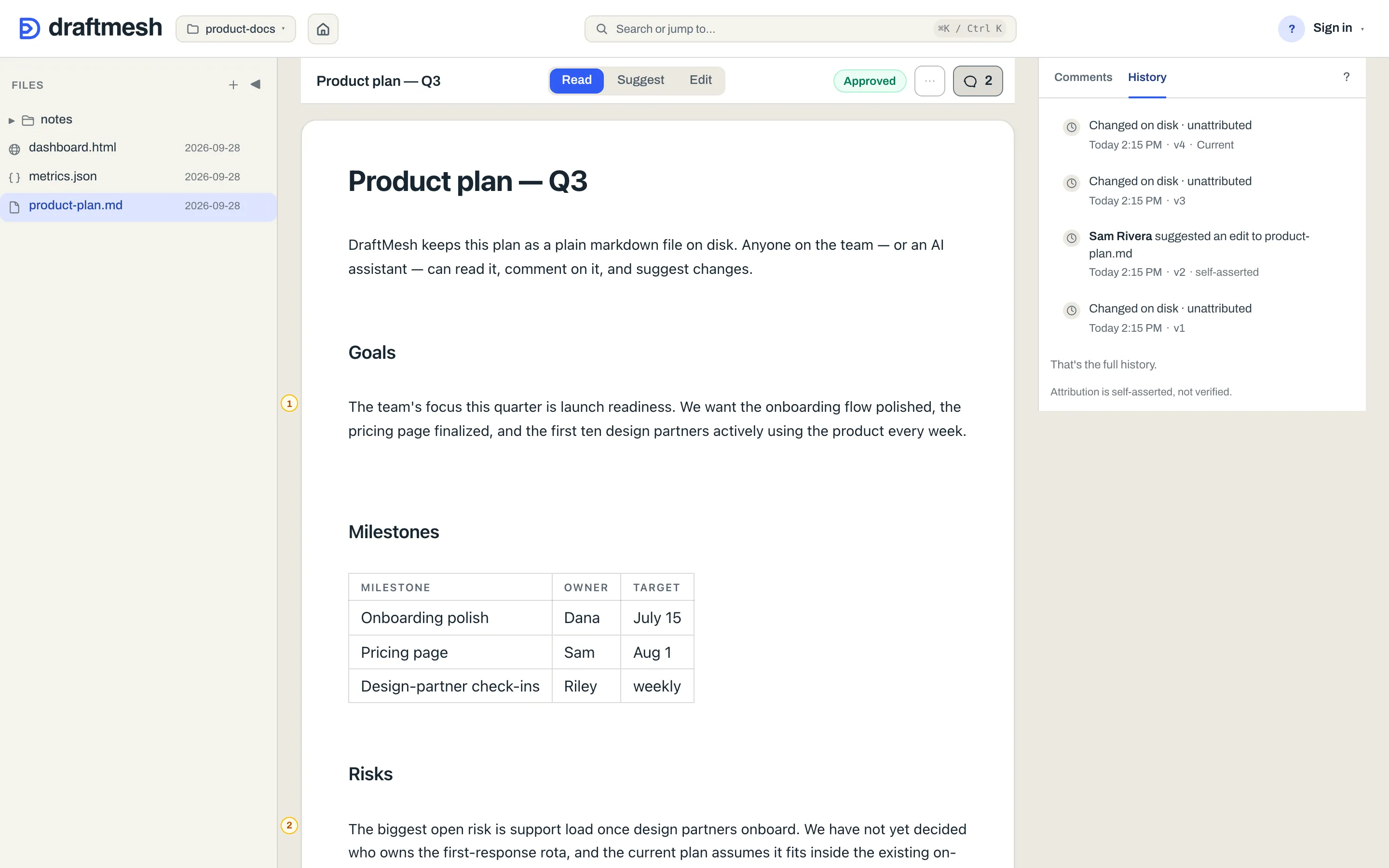 The version history panel listing saved versions with author and time