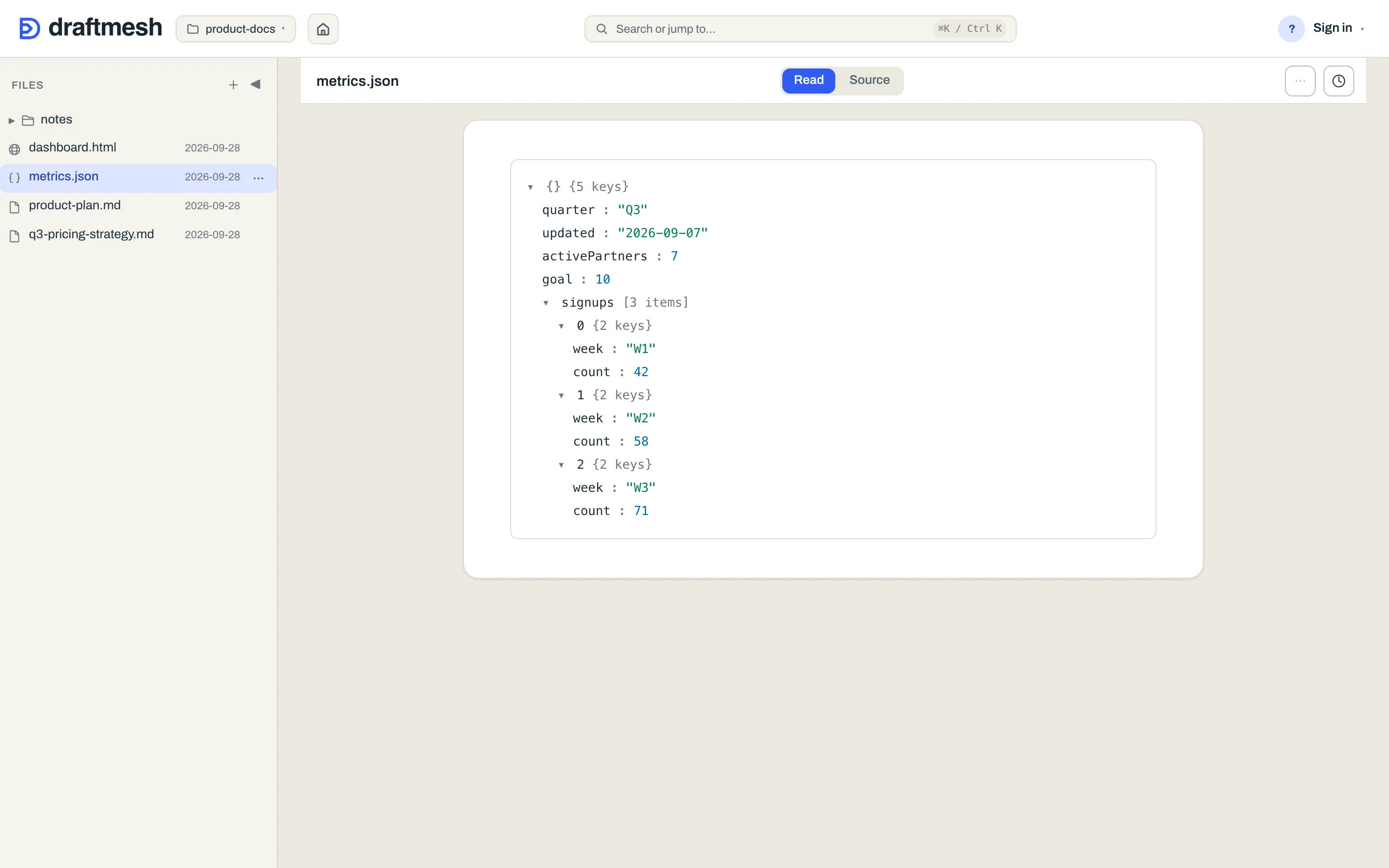 A JSON file rendered as a collapsible tree