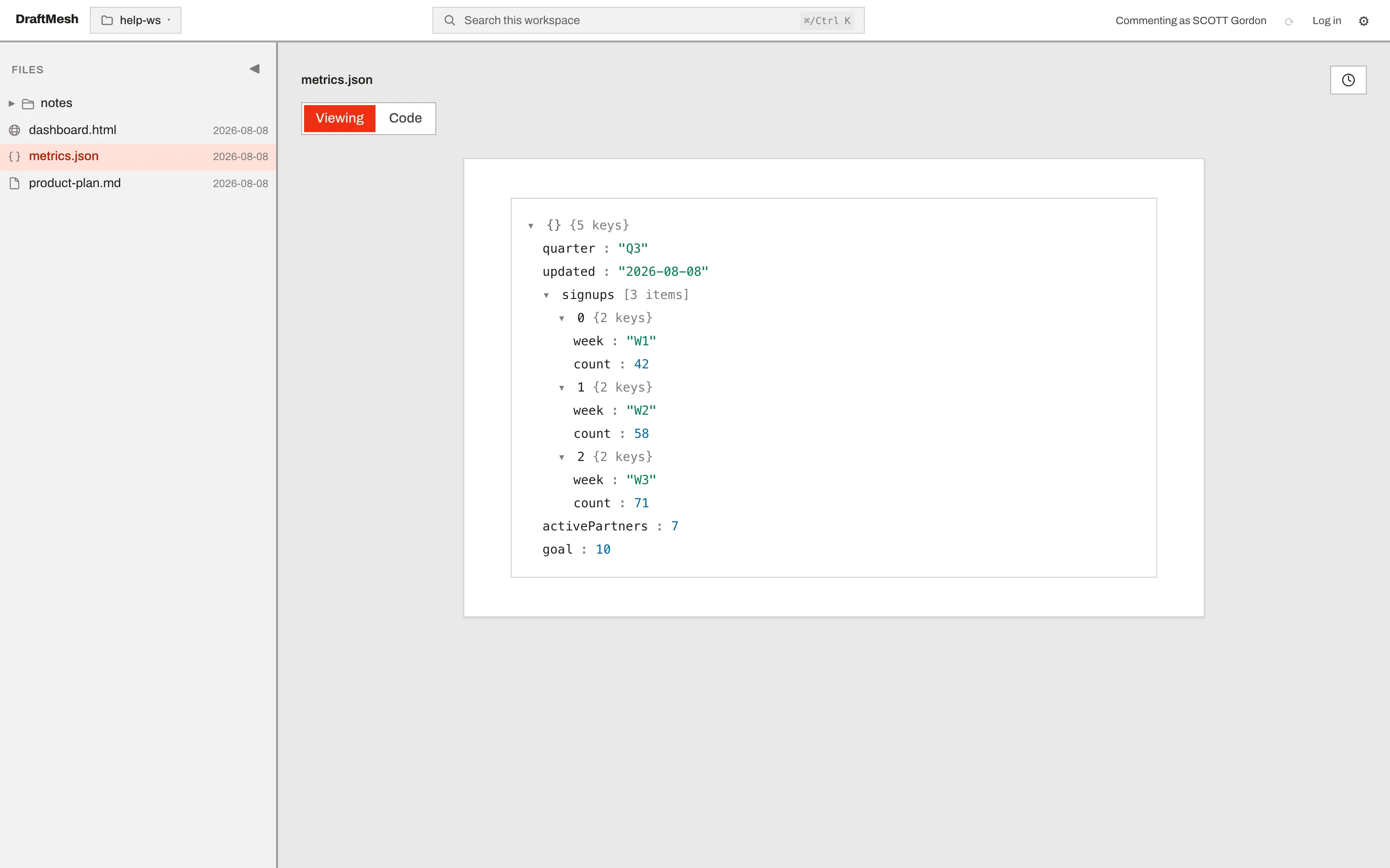 A JSON file rendered as a collapsible tree