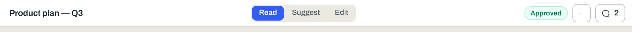 The document header: Read, Suggest and Edit modes, the sign-off state chip, and the ⋯ menu