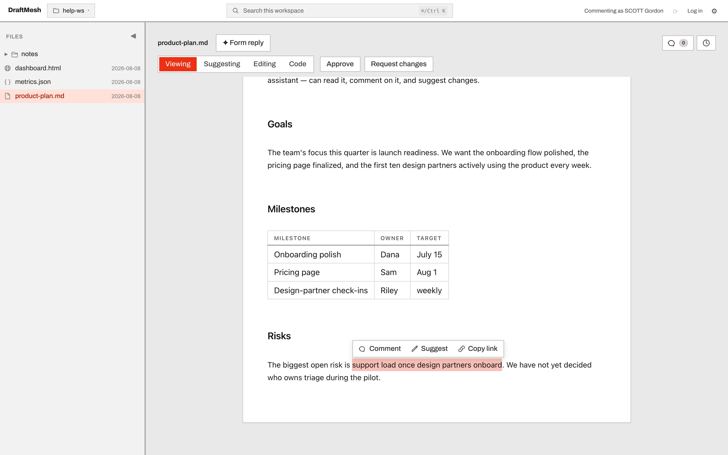 Selecting text in Viewing mode pops up Comment, Suggest and Copy link