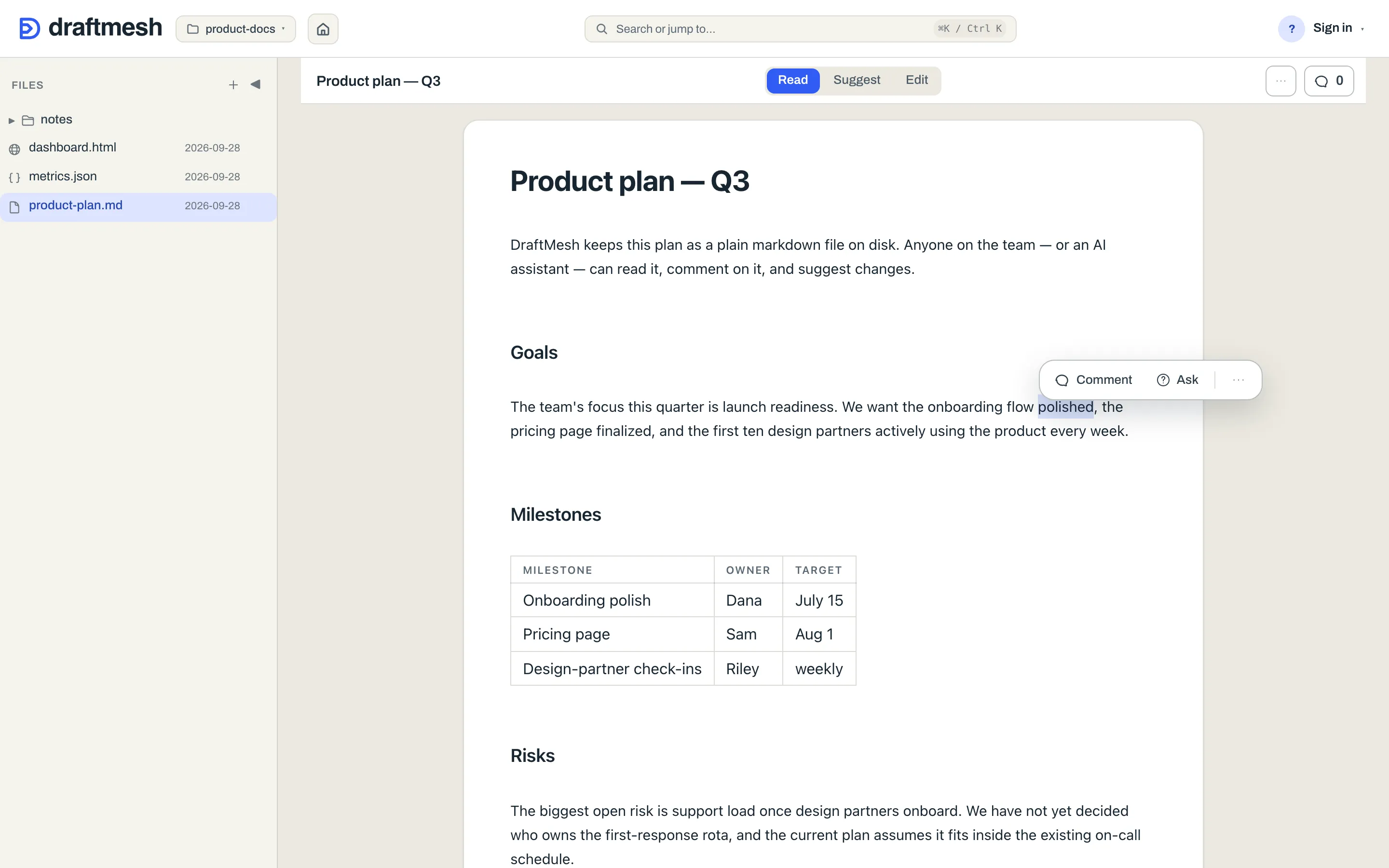 Selecting text in Read mode pops up Comment and Ask, with Copy link to section and Share this section behind the menu's own ⋯
