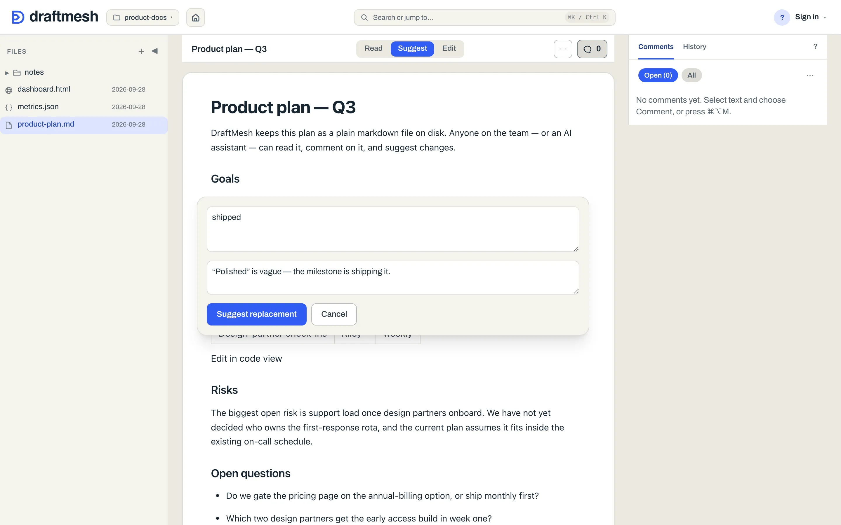 The suggestion form: proposed replacement text plus an optional note