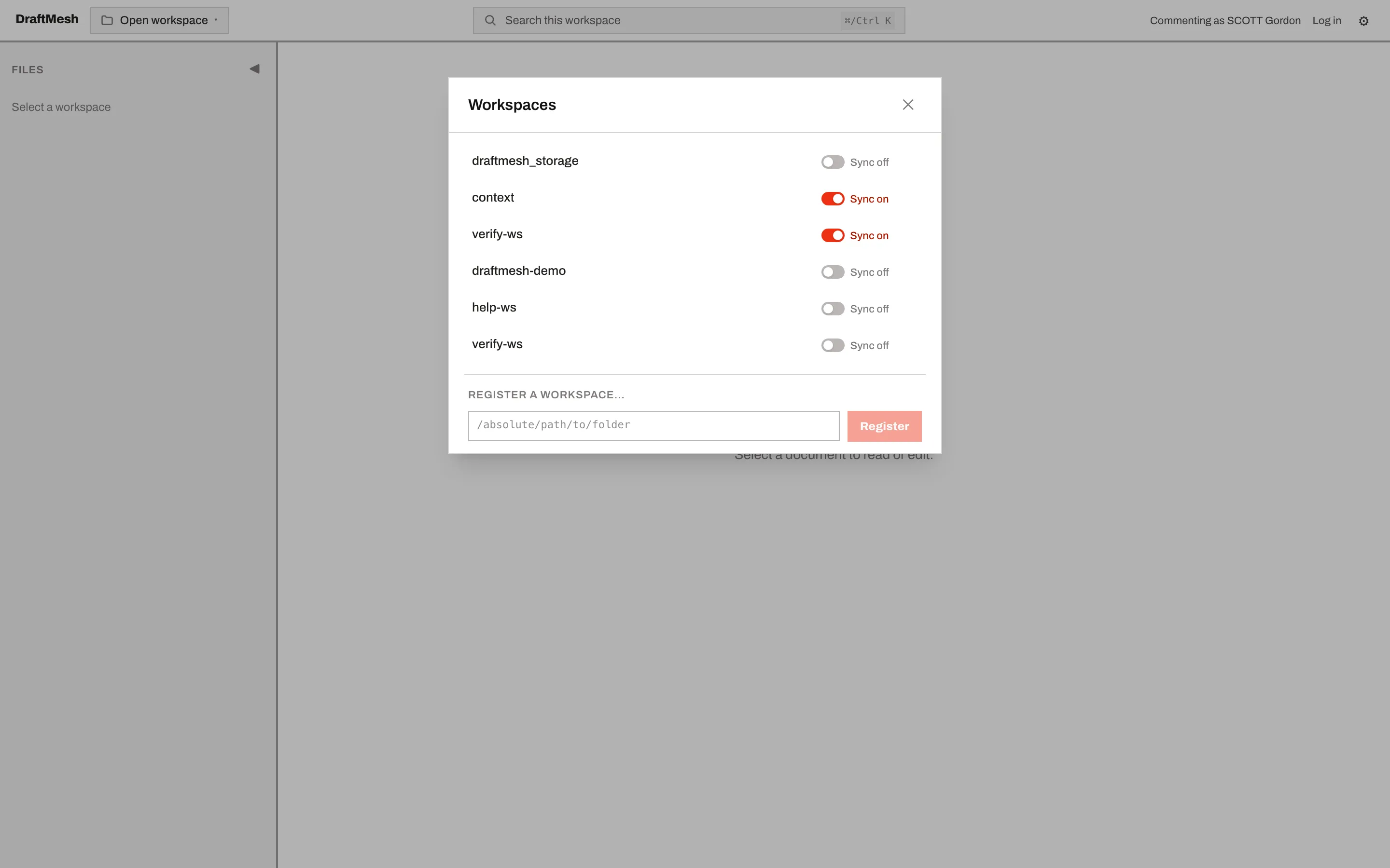 The workspace picker, with per-workspace sync toggles and a register-by-path field