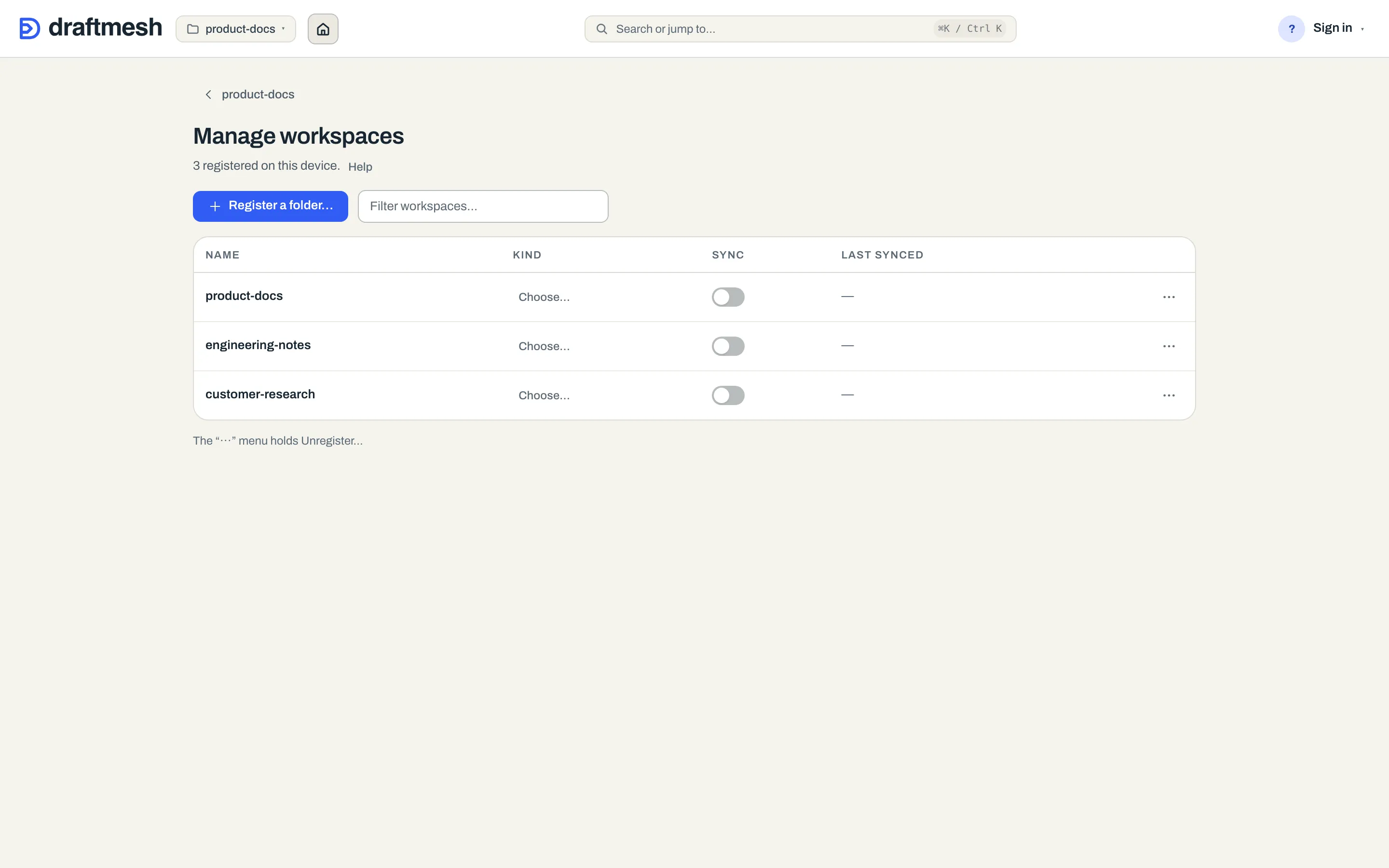 Manage workspaces: one row per registered folder, with its kind, its sync switch and when it last synced